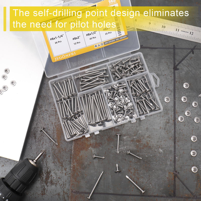 [Australia - AusPower] - #8 Modified Truss Head Sheet Metal Screws Assortment Kit, High Strength 410 Stainless Steel Self Tapping Screws for Metal Plastic & Wood, 145 pcs 1/2" to 2" Self Drilling Screws Self-drilling - Truss 