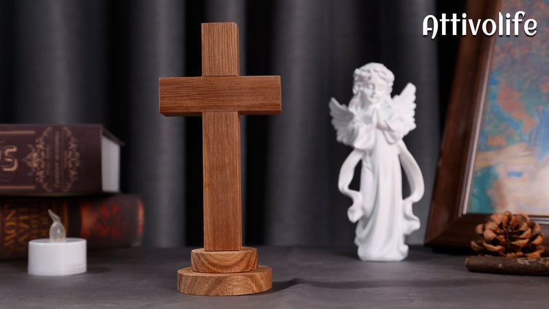 Attivolife Wood Cross Statue with Stand - Spiritual Christian Jesus Holy Cross, Religious Gift for Catholic Easter and Christmas, Wall Table Church Decoration for Home Room (5.5'' x 2.55'')