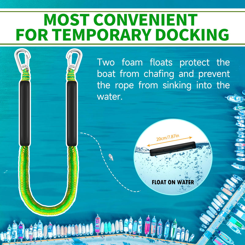 Bungee Dock Lines for Boats, Non-Sink Floating Rope with Double Hooks, Heavy Duty Boat Tie Downs for Dock for Pontoon Jet Ski (Green & Yellow, 4FT) Green & Yellow