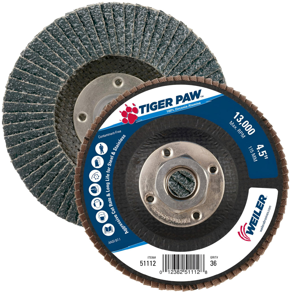 Weiler 51112 4-1/2" Tiger Paw Abrasive Flap Disc, Flat (Ty27), Phenolic Backing, 36Z, 5/8"-11 Unc Nut (Pack of 10) 36 Grit Performance Steel / Metal