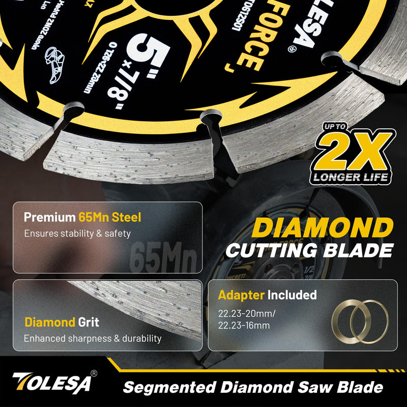 [Australia - AusPower] - TOLESA 5 Inch Segmented Diamond Blade for Angle Grinder, Diamond Cutting Wheel with 7/8" Arbor, 20mm & 16mm Adapter Ring, 5" Stone Blade Fast Cut Masonry, Concrete, Brick (3-Pack) 