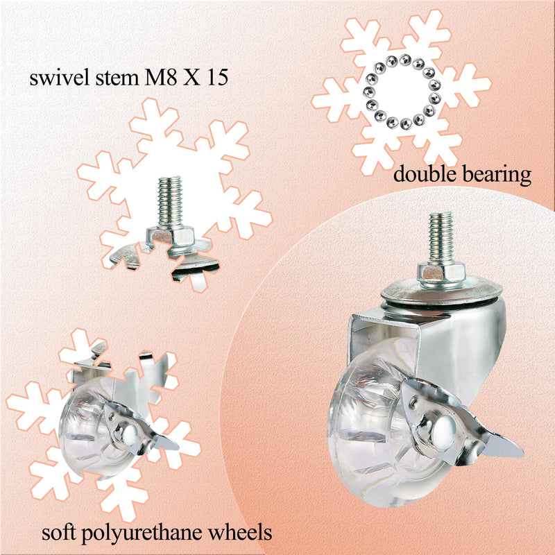 [Australia - AusPower] - Stem Wheels M8X15mm with Side Brake, 2 Inch Swivel Casters Wheels, Threaded Stem Castors Wheel, 360 Degree Rotated Crystal Clear Wheel,Soft Polyurethane Furniture Wheels for Carts and DIY Projects M8*15, Side Brake 