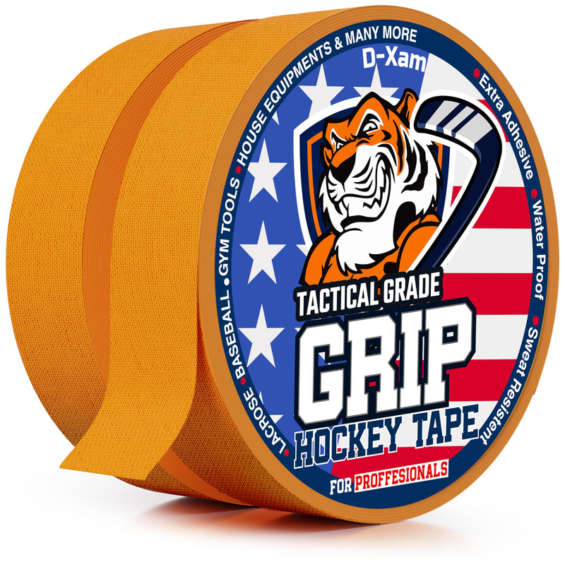 D-Xam Hockey Tape Black Grip Tape 2 Roll Athletic Sports Tape 1inch Multipurpose Cloth Tape for Lacrosse Stick Handles Pullup Bars Tools Fingers Water-Resistan Protect from Scratches Smudges Orange