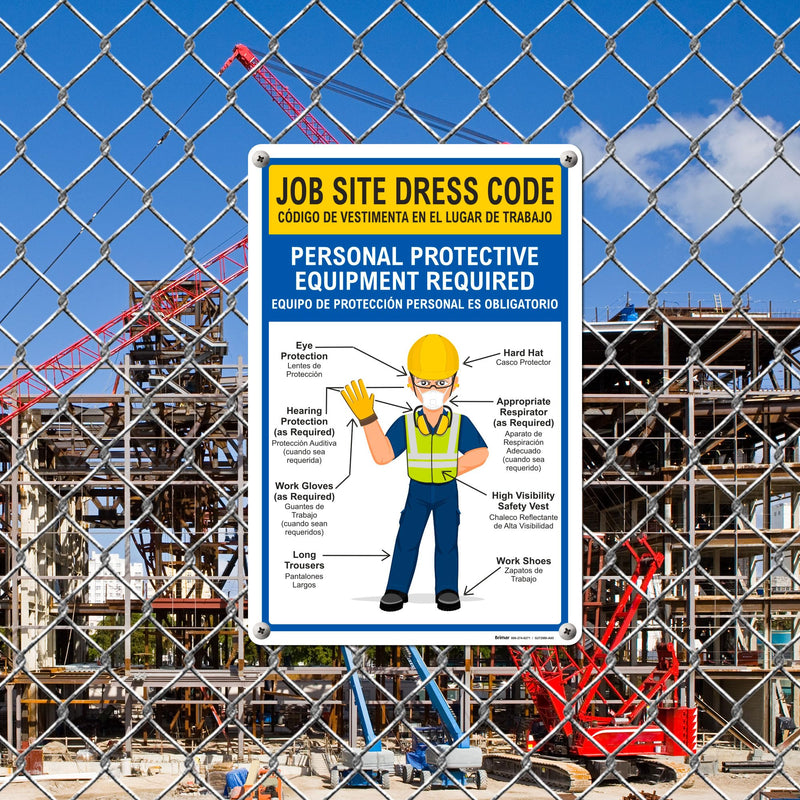 Brimar - 12" x 18" - Bilingual Job Site Dress Code Sign - .055″ Polyethylene Plastic - Bold Text - Easy Installation Bilingual Job Site Dress Code (12x18")