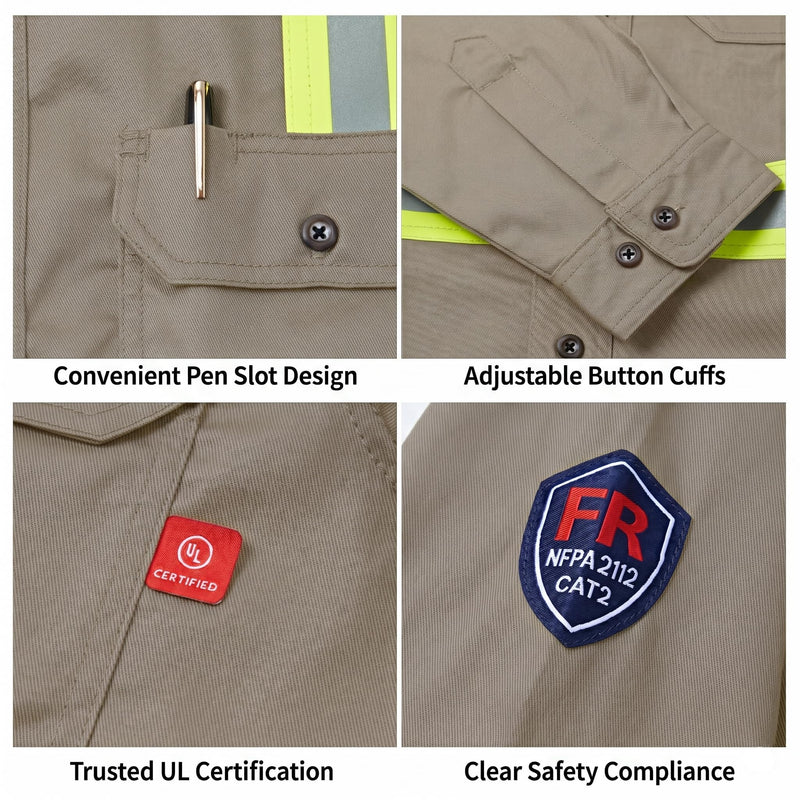 Hi Vis FR Shirt for Men 6.5oz Flame Resistant Class 3 Men's Reflective Safety Welding Shirts NFPA 2112/CAT2 Khaki X-Large