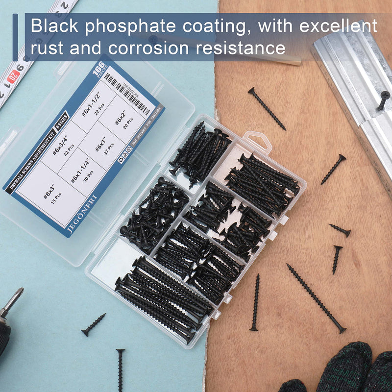 [Australia - AusPower] - High Hardness Drywall Screws Assortment Kit, 166 pcs, Coarse Thread, Phillips Drive, Black Wood Screws, Screws Assortment, Screws Set, 6 Sizes (3”,2”,1-1/2”,1-1/4”,1”,3/4”) 