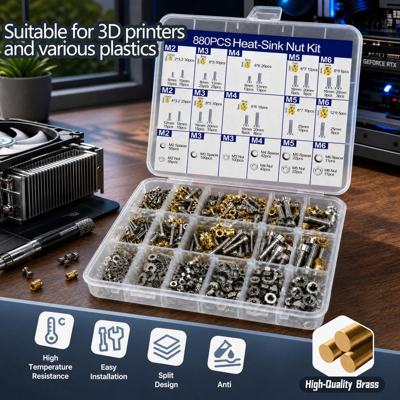 880-Piece Threaded Inserts Soldering Tips Set M2/M3/M4/M5/M6 for 3D | Pack of 5 Soldering Tips, Soldering Tip Adapter, LCD Adjustable Temperature Soldering Iron, Pure Copper Thread Inserts for 3D