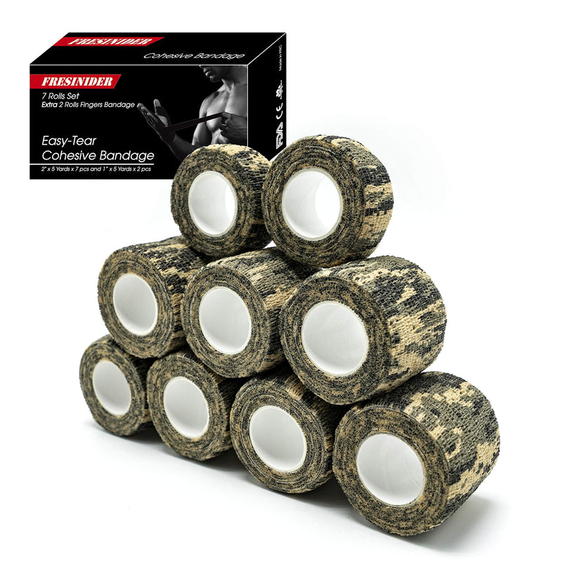 FRESINIDER 9 Rolls Self Adhesive Wrap Athletic Tape Gauze, Breathable Elastic Cohesive Bandage for Sports Injury & Pet (7 Pcs 2" x 5 Yards + 2 Pcs 1" X 5 Yards) (Digital Woodland Camo) Digital Woodland Camo