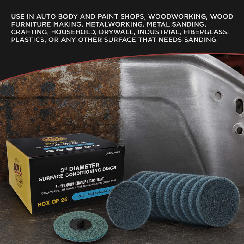 Dura-Gold 3" Diameter Surface Conditioning Discs Blue Fine Sanding Grit (Box of 25) - R-Type Quick Change Connection Rust and Paint Removal Removes Oxidation and Scale