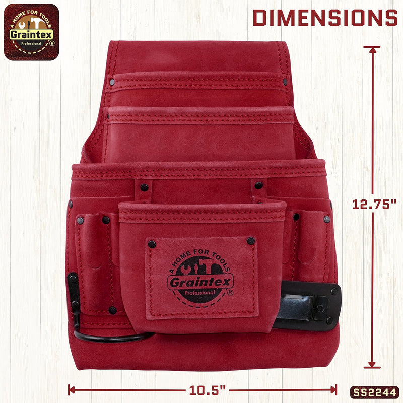 Graintex 10 Pocket Nail & Tool Pouch, Suede Leather Tool Bag, Tool Belt for Constructors, Electricians, Handymen, HVAC Tools, Professional Organizer with Adjustable Fit Burgundy