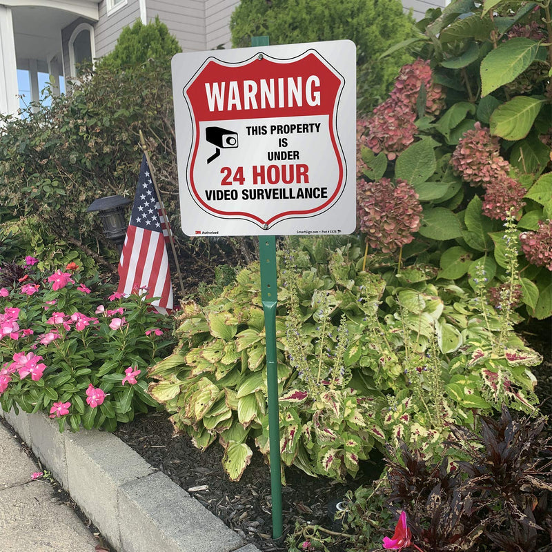 SmartSign 10" x 10" 'Warning - This Property Is Under 24 Hour Video Surveillance' Yard Sign with 3 ft Stake, 40 mil Aluminum 3M Laminated Engineer Grade Reflective, Red/Black/White 10" x 10" Reflective Aluminum Sign with 3' Stake