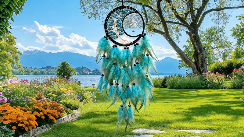 Blue Tree of Life Dream Catcher with Crystal Pendant