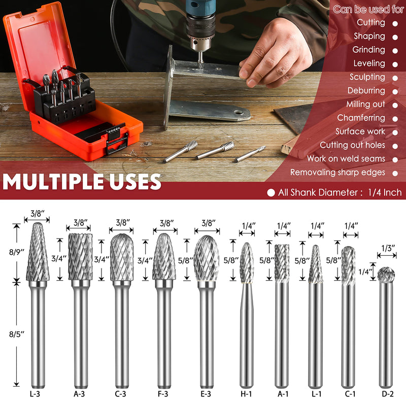 [Australia - AusPower] - Carbide Burrs Set, 10 Pcs Double Cut Solid Tungsten Carbide Rotary Burr Set, 1/4 Inch Shank Die Grinder Bits, Rotary File for Die Grinder Metal Carving, Polishing, Engraving, Drilling 