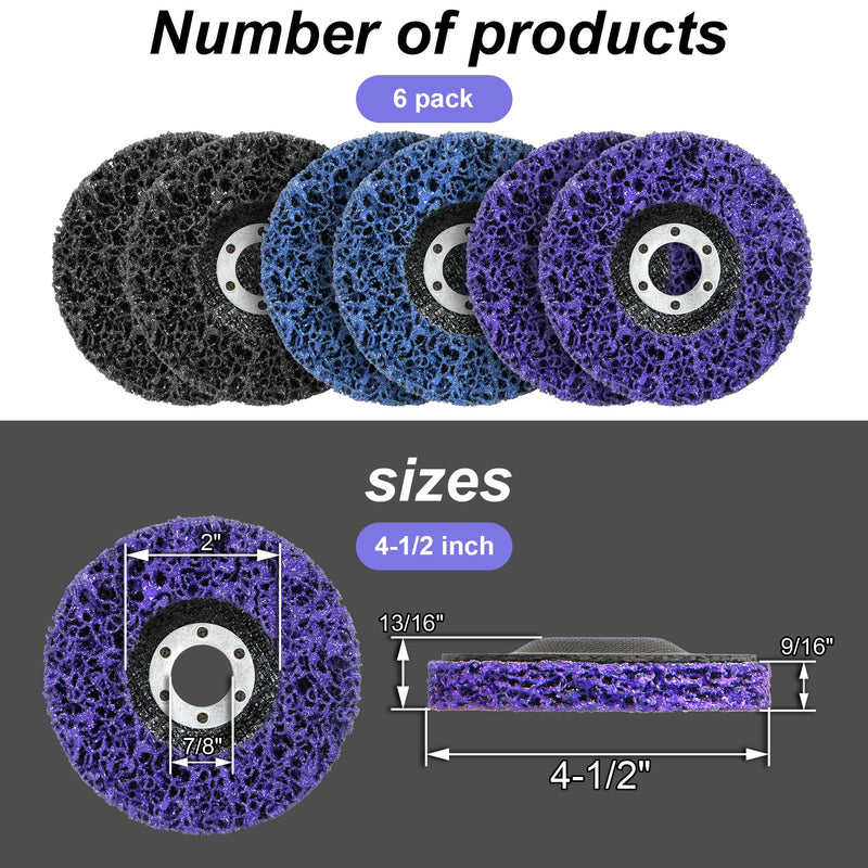 [Australia - AusPower] - 6-Pack Paint Stripper Discs for Angle Grinder, 4-1/2” x 7/8” - Multi-Surface Rust & Paint Removal Wheels, 2 Purple, 2 Blue, 2 Black Discs 4-1/2 in - 6 pk 