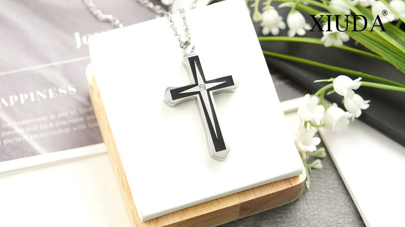 XIUDA Cross Urn Necklaces for Ashes Crystal Cremation Pendant Urns for Human Ashes Memorial Keepsake Cremation Jewelry for Men Women Silver