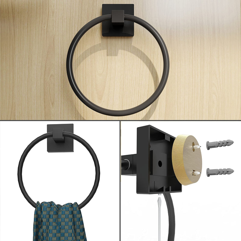 Ruacq Matte Black Toilet Paper Holder Towel Ring Bathroom Accessories Hardware Set Double Post Pivoting Toilet Roll Holder Square Stainless Steel and Zinc Alloy Modern Wall Mounted 2 Pieces 2pcs