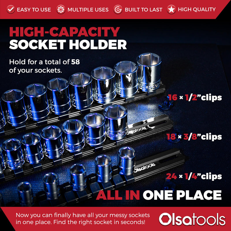 Olsa Tools Aluminum Socket Organizer, 3pc Set - Locking End Caps - 1/4-Inch Drive x 24 Clips, 3/8-Inch Drive x 18 Clips, 1/2-Inch Drive x 16 Clips - Professional Grade - Black - Part: 1181 3pc, 1/4, 3/8, & 1/2-Inch Drive