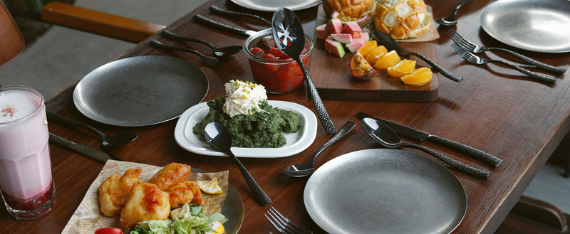 Stainless Steel Silverware Serving Set Hammered Black Mirror Finished 5 Piece Serving Utensil Set Flatware Set Mirror Black 5 Pcs