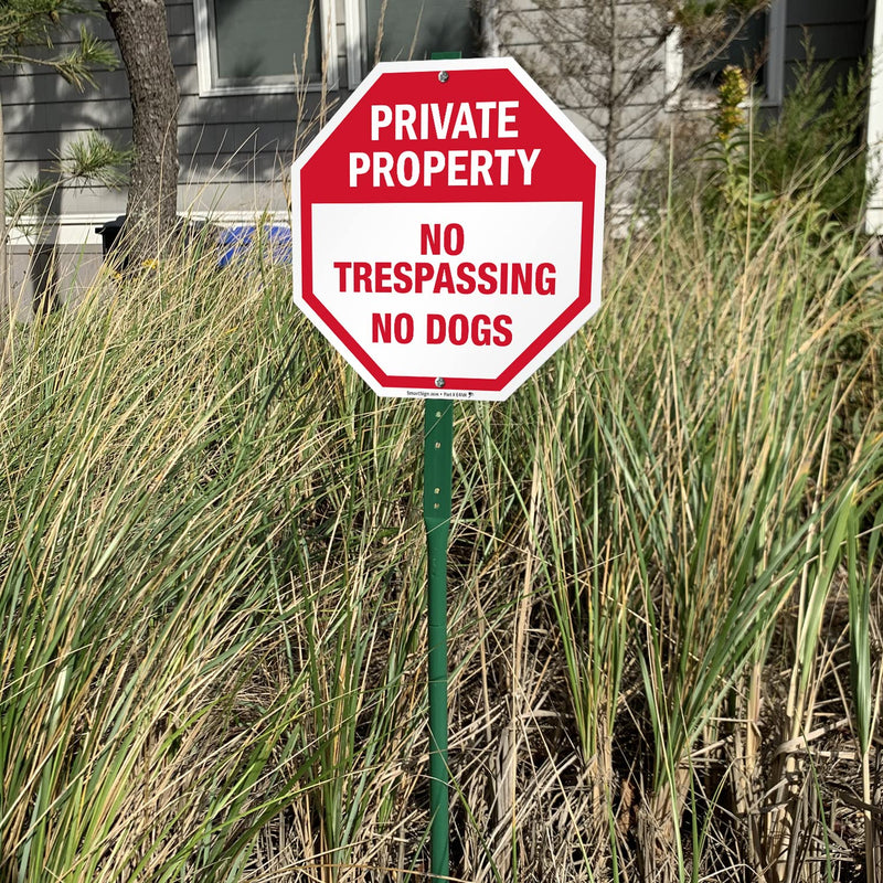 SmartSign 10 x 10 inch “Private Property - No Trespassing, No Dogs” Octagon Yard Sign with 3 foot Stake, 40 mil Laminated Rustproof Aluminum, Red and White, Set of 1