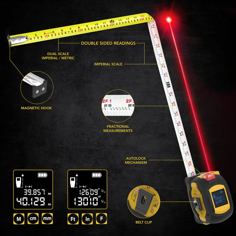 [Australia - AusPower] - LEXIVON 2 in 1 Digital Laser Tape Measure | 130ft/40m Laser Distance Meter Display On Backlit LCD Screen with 16ft/5m AutoLock Measuring Tape | Ft/Inch/Fractions/M/mm(LX-201) 