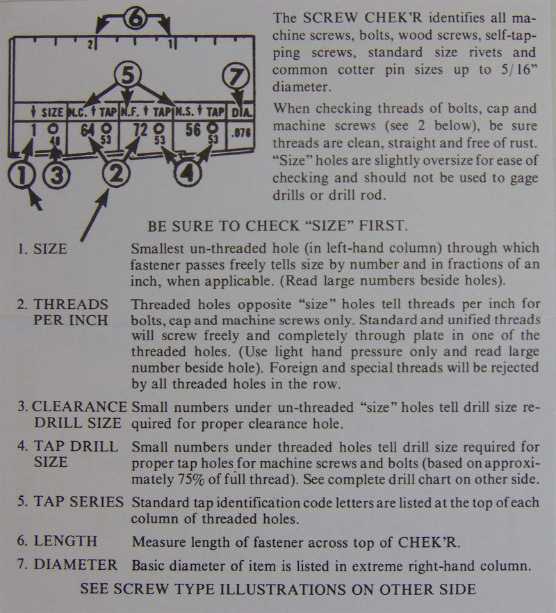 Ruelle Screw Chek'r SAE/Inch - Size Gauge No. 1-5/16 - 1/8" Heavy Gauge Steel - Made in USA