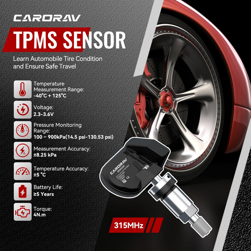 CARORAV TPMS Sensor GM, 4-Pack Tire Pressure Monitoring System Sensor Replacement for GM Chevy GMC Cadillac Buick, 315MHz OE Replaces for 13586335 13581558 13598771 13598772 4 PCS