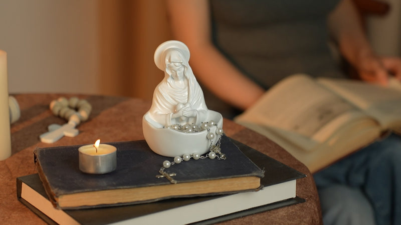 Lineshading Mary Rosary Holder Statue, Classical, White Classic