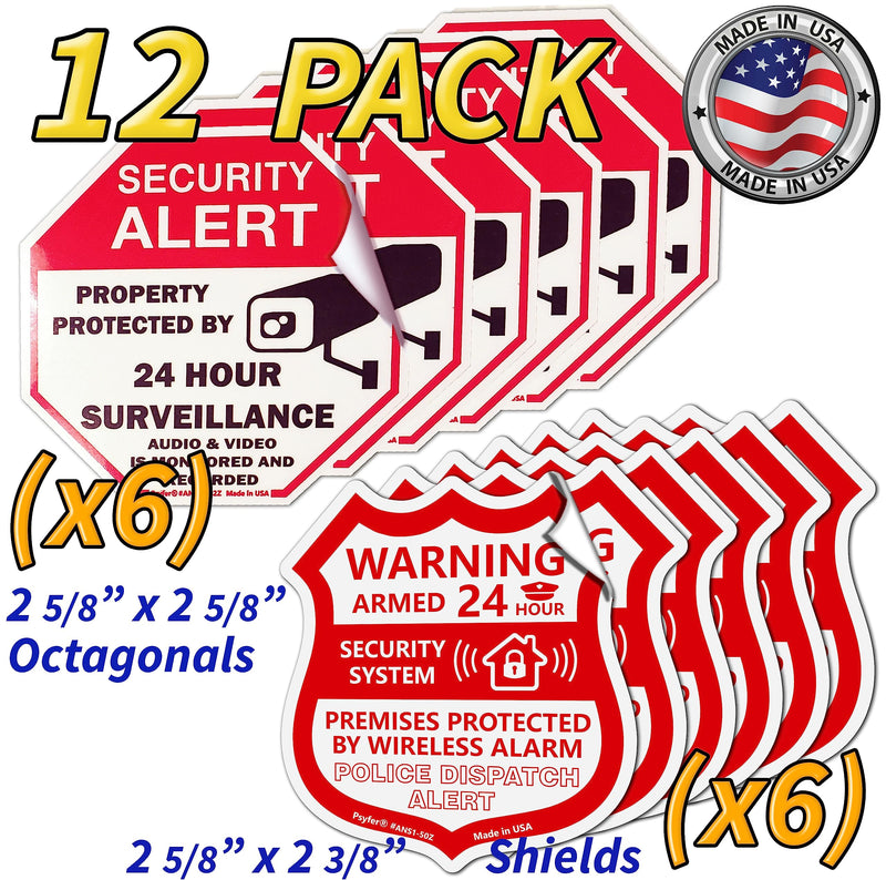 Psyfer® (Fade-Free) 12 Pack - Security Camera & Alarm Outdoor UV Waterproof Stickers [Made in USA]