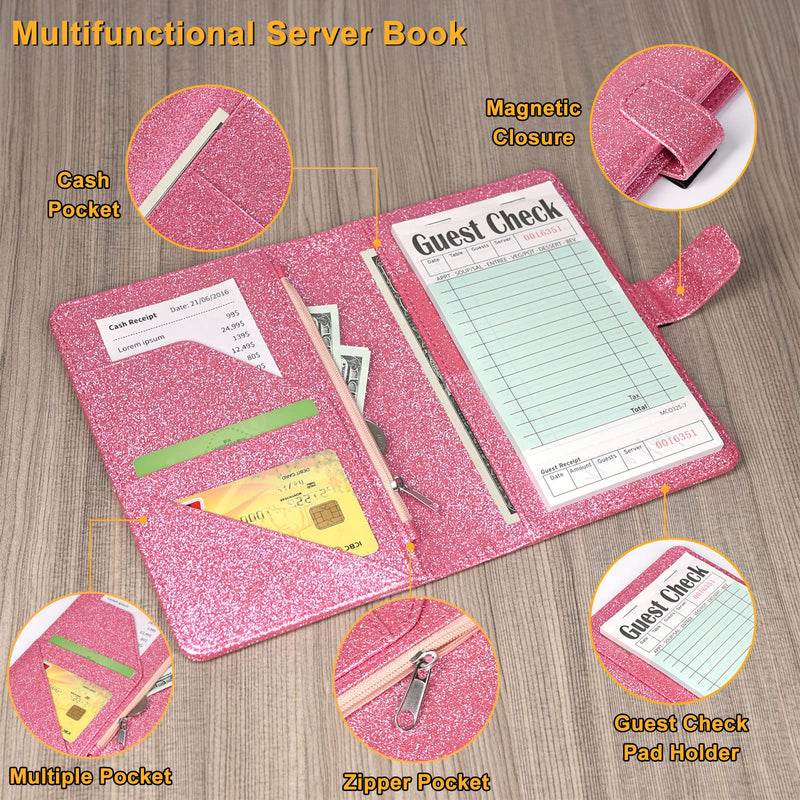 [Australia - AusPower] - Server Book for Waitress - Leather Waiter Book Server Wallet with Zipper Pocket, Cute Serving Book&Server Note Pads Holder with Magnetic Closure, Glitter Pink 