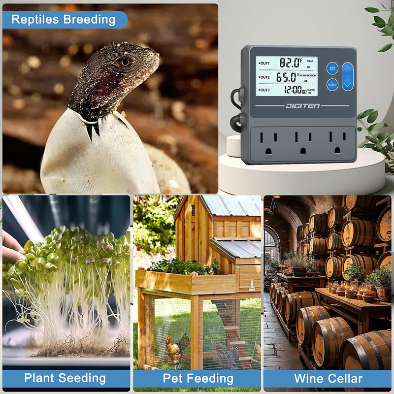 [Australia - AusPower] - DIGITEN Reptile Temperature and Humidity Controller with Timer Outlet, Day-Night Function Thermostat, 3-Stage Outlet Plug in Temperature Controller for Reptile, Mushroom, Homebrew 