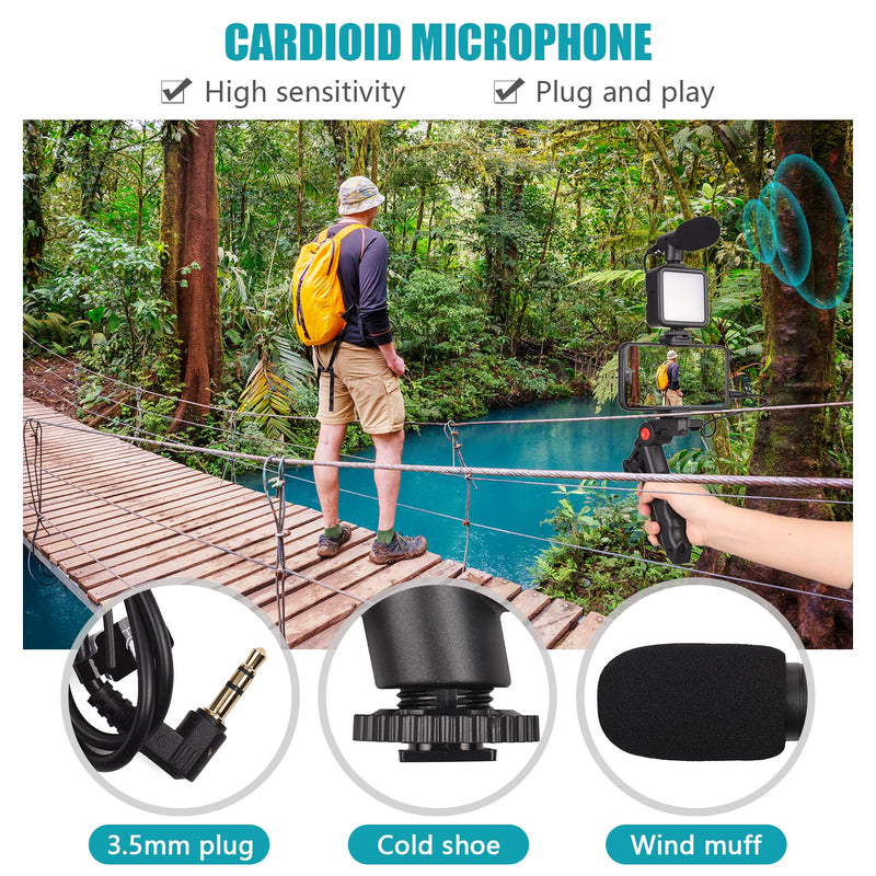 [Australia - AusPower] - Mini Smartphone Vlog Kit with LED Video Light, Cardioid Microphone, Extendable Phone Clip, Adjustable Brightness Tripod for Live Streaming, Vlogging, Video Conferencing & Selfies 