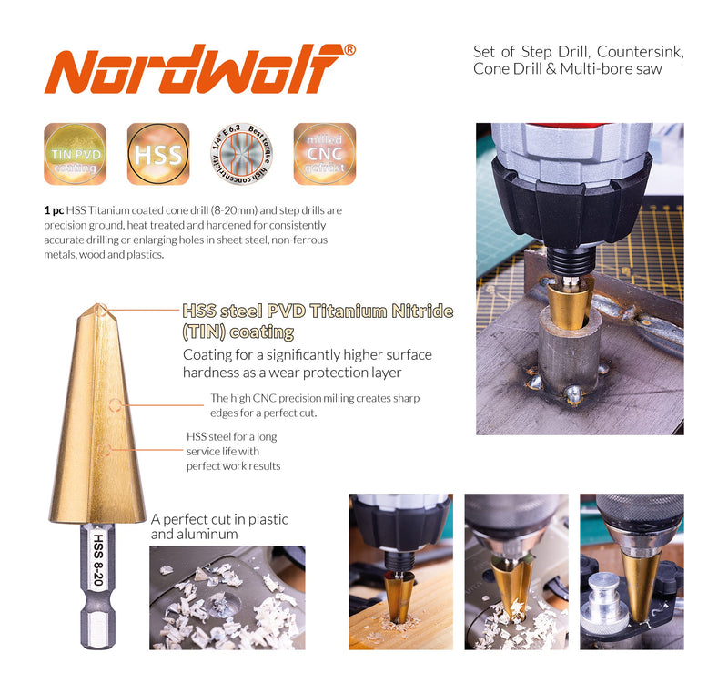 NordWolf 12-Piece HSS Titanium Metric Step, Countersink, Cone Drills with 1/4" Hex Shank, Multi Drill Saw & Automatic Center Punch Set in Storage Case 12 pcs