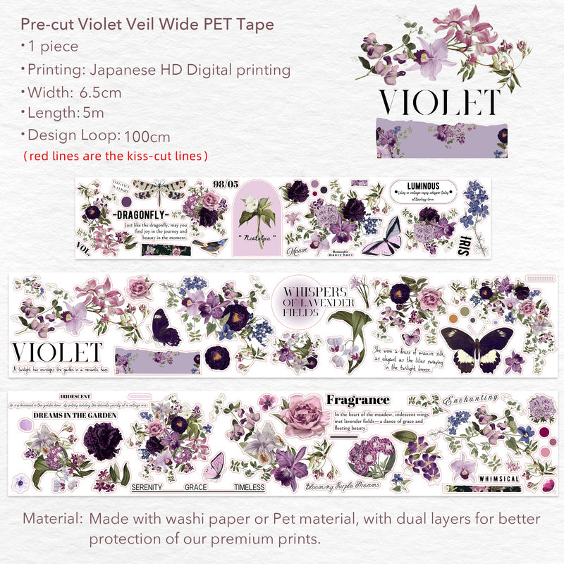 WT Pre-Cut Violet Veil Wide PET Tape, Single Roll, Soft Lilac Blossoms & Misty Backgrounds with Elegant Script, Transparent Decorative Tape for Journaling, Scrapbooking, Planner, DIY Crafts, 65mm x 5m WT Pre-Cut Violet Veil Wide PET Tape