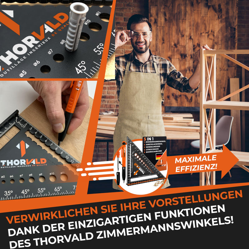 [Australia - AusPower] - THORVALD Zimmermannswinkel 5-in-1 - Protractor Try Square + Deep Hole Marker - Aluminium Angle with 180 mm Side Length for Precise Marking & Drawing / Multifunctional Perfect to Save Time 180mm + Pencil 