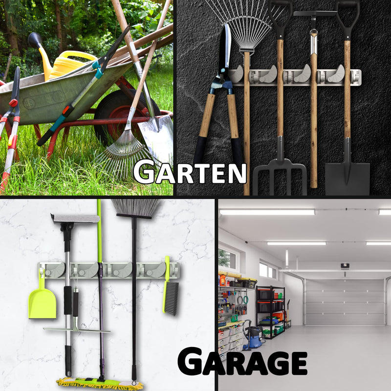 Space-saving tool holder for the wall - aluminum profile with 4 individually positionable brackets and 5 hooks [for brooms, garden tools, tools] - ideal in garage, workshop and garden 1