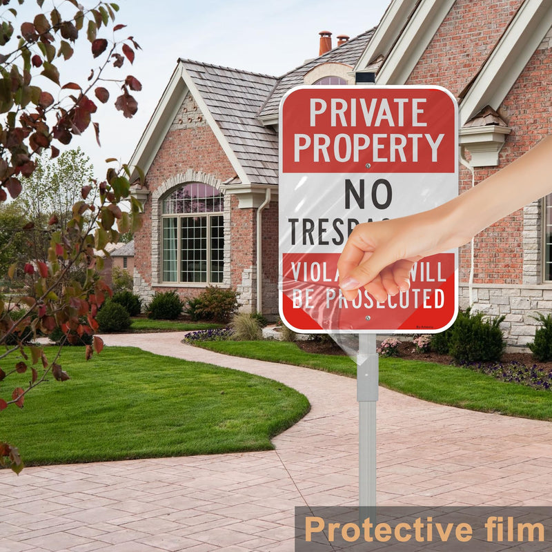 Large (2 Pack) No Trespassing Sign Private Property, 10 x 14 Inches Metal Signs Includes 36" Alloy Long Stake for Easy Installation, Rust-Free& Fade Resistant 10" x 14" with stake