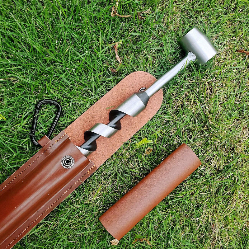 Bushcraft Gear Hand Auger Drill,Bushcraft Tool Survival Tool, Scotch Eye Wood Auger Bit with Genuine Leather Cover,Camping Shelter Building, Barbecue Grill, Backpacking, 1" Dia Drill Peg Hole Maker