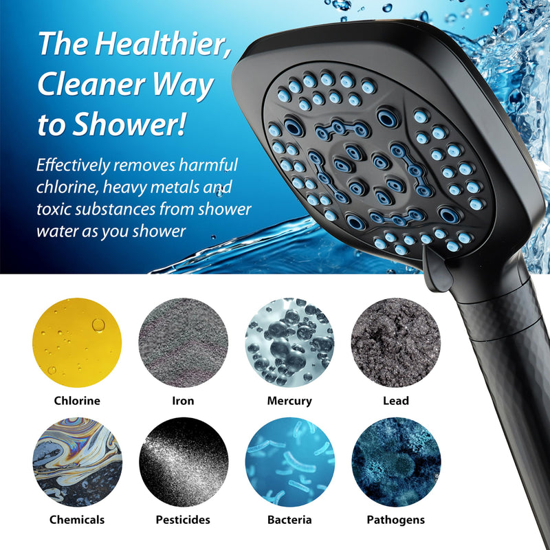 AquaCare 4X High Pressure 10 Spray Mode Filtered Showerhead - Handheld Shower Head Filters Chlorine to Heal Dry Skin, Revive Hair - Dual Power Wash Cleans Tub, Tile, Pets - Hard Water Softener, Black Square Matte Black