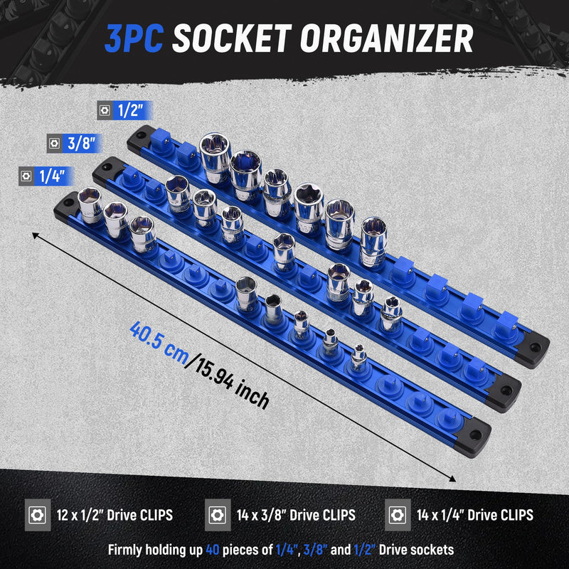 ALOANES Magnetic Socket Organizer Set, 3-Piece Heavy Duty Aluminum Socket Holder Socket Rail Organizer for Tool Box, 360° Swivel Clips Socket Rack 1/4, 3/8, 1/2-Inch x 40 Clips (Blue) 3PC (1/4, 3/8, 1/2-Inch Drive) Blue