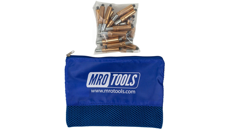 25 1/4-inch MRO Tools Cleco sheet metal fasteners with mesh carry bag