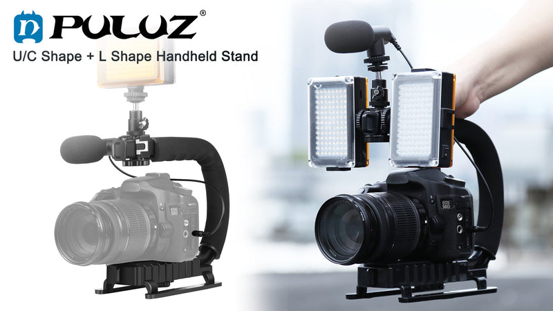 PULUZ U/C Shape Video Action Stabilizing Handle Grip Handheld Stabilizer Kit with Phone Clamp + LED Studio Light for Canon Sony Nikon Cameras and Home DV Camera Smartphones stabilizer kits 2