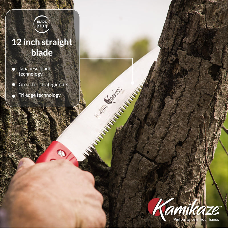 EZ Kut Kamikaze Straight Blade Pruning Saw – 18" Heavy Duty SK5 Carbon Steel – Japanese Pull-Cut Technology – Ergonomic Anti-Fatigue Grip – Tree Trimming Hand Saw with Scabbard Straight Saw