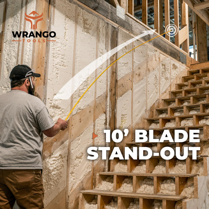 Wrango Tools 30 FT Tape Measure - Retractable Measuring Tape - Oversized & Double-Sided Print - Blade Lock, Finger Brake - High Performance Nylon Coating, 10' Stand-Out - 13' Reach / 1-1/16" Blade Single