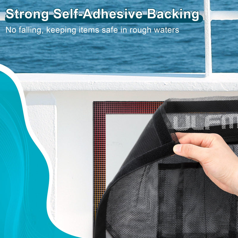 14" X 9.8" Boat Storage Bag with Secure Lid and 2 Open Pockets, Boat Storage Accessories Mesh Organizer with Strong Adhesive, Perfect for Storing Phones, Glasses, Keys and Tackle Marine Accessories