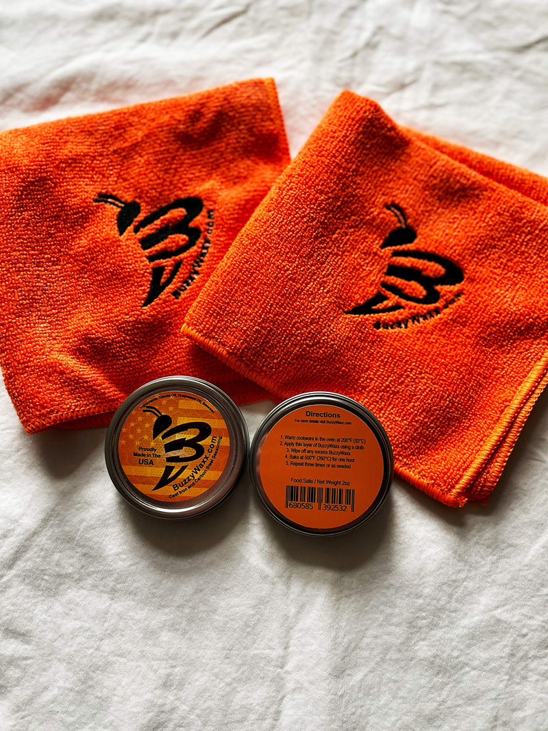 BuzzyWaxx Original Blend 2 Can and 2 Rag Pack - Cast Iron and Carbon Steel Seasoning