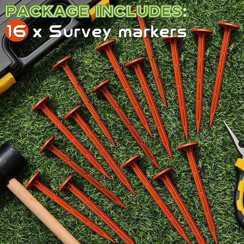16 Pcs Garden Stakes Survey Markers Low Profile Survey Stakes Plastic Property Line Markers Anchors Spikes 6.3 Inch for Paver Landscape Fabric Lawn Edging Tarps Weed Barriers (Orange) 16 Orange