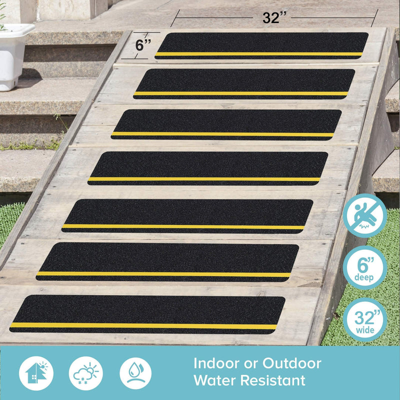 LifeGrip Anti Slip Traction Treads with Reflective Stripe (10-Pack), 6" X 32", Best Grip Tape Grit Non Slip, Outdoor Non Skid Tape, High Traction Friction Abrasive Adhesive for Stairs Step, Black 6" x 32" 10