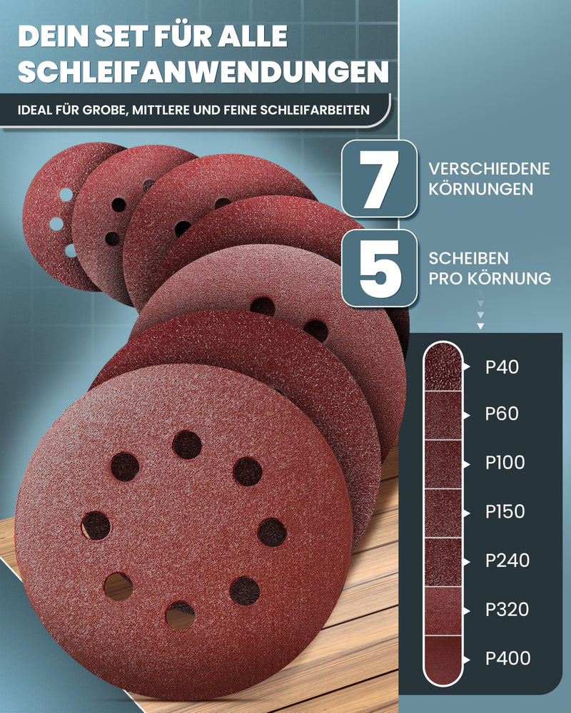 [Australia - AusPower] - PICTORIS Schleifpapier 125mm Klett Komplett Set – Exzenterschleifpapier mit langer Standzeit, starker Haftung & reduzierter Vibration dank einzigartiger Klettschicht | Made in Germany | Korn 40-400 Universal-Mix (Körnung 40 - 400) – von Grob bis Fein 