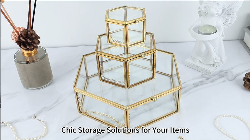 Large Glass Vintage Jewelry Box, Gold Hexagonal Jewelry Display Organizer Large - 8.7x7.5x2.4 inch