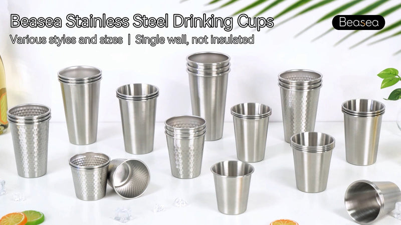 Beasea 20oz Stainless Steel Drinking Cups, 10 Pack 600ml Large Metal Water Tumblers Stackable Shatterproof Unbreakable Stainless Pint Cups for Home Outdoor Party Camping Silver Straight